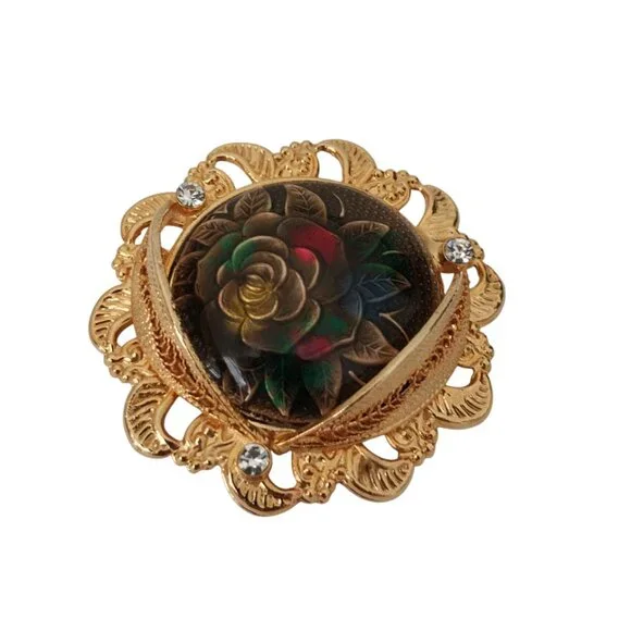 Vintage Round Brooch Gold Tone Filigree With Rose Inset and Rhinestones Like New - Picture 3 of 6